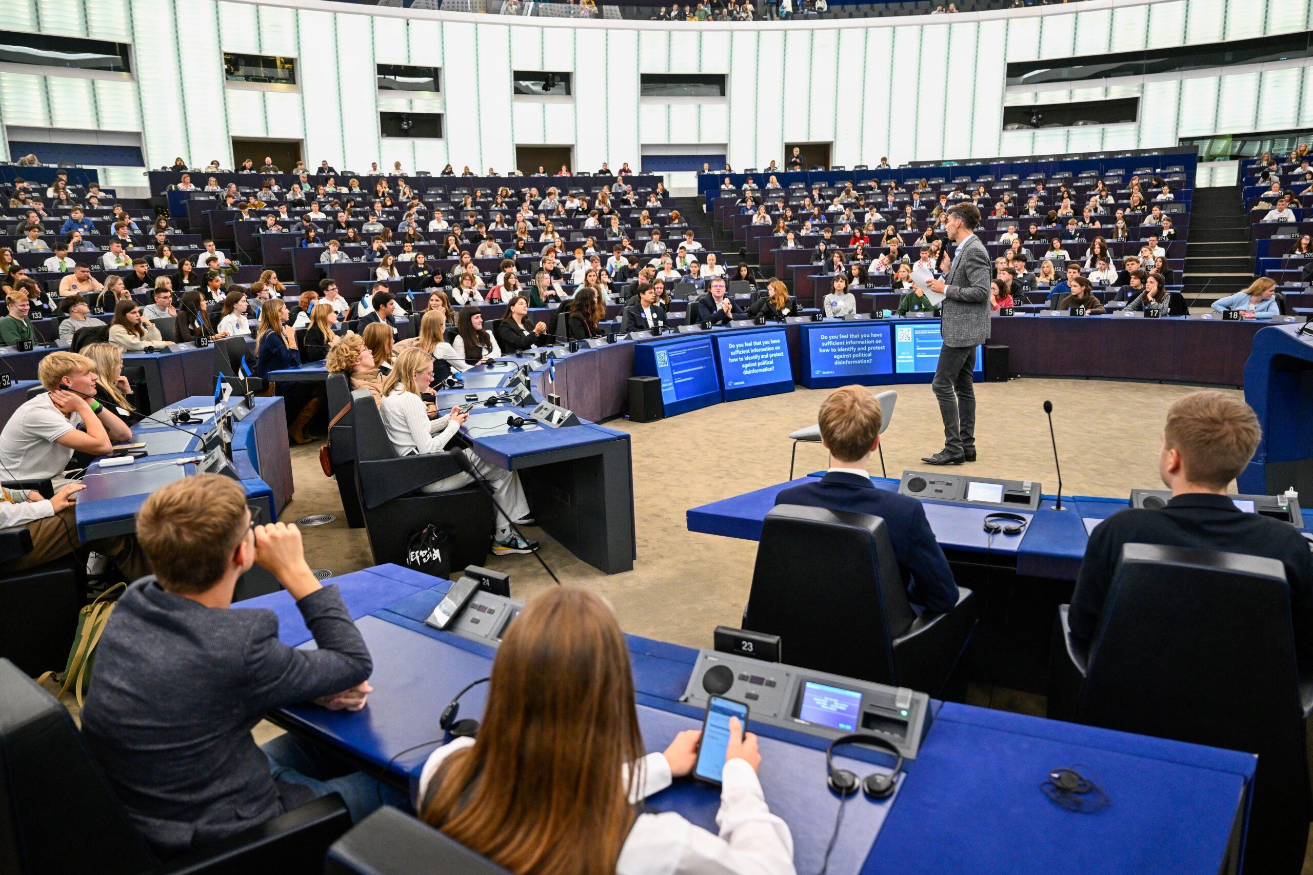 Students participating in a debate in the European Parliament in Strasbourg